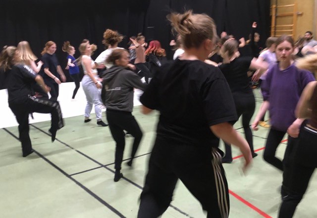 Flera personer dansar i en gympahall