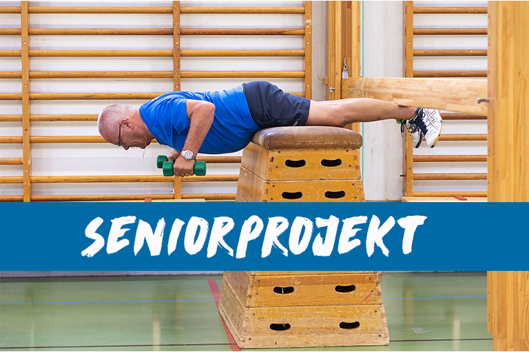 Senior tränar på plint med hantlar, bildtext Seniorprojekt
